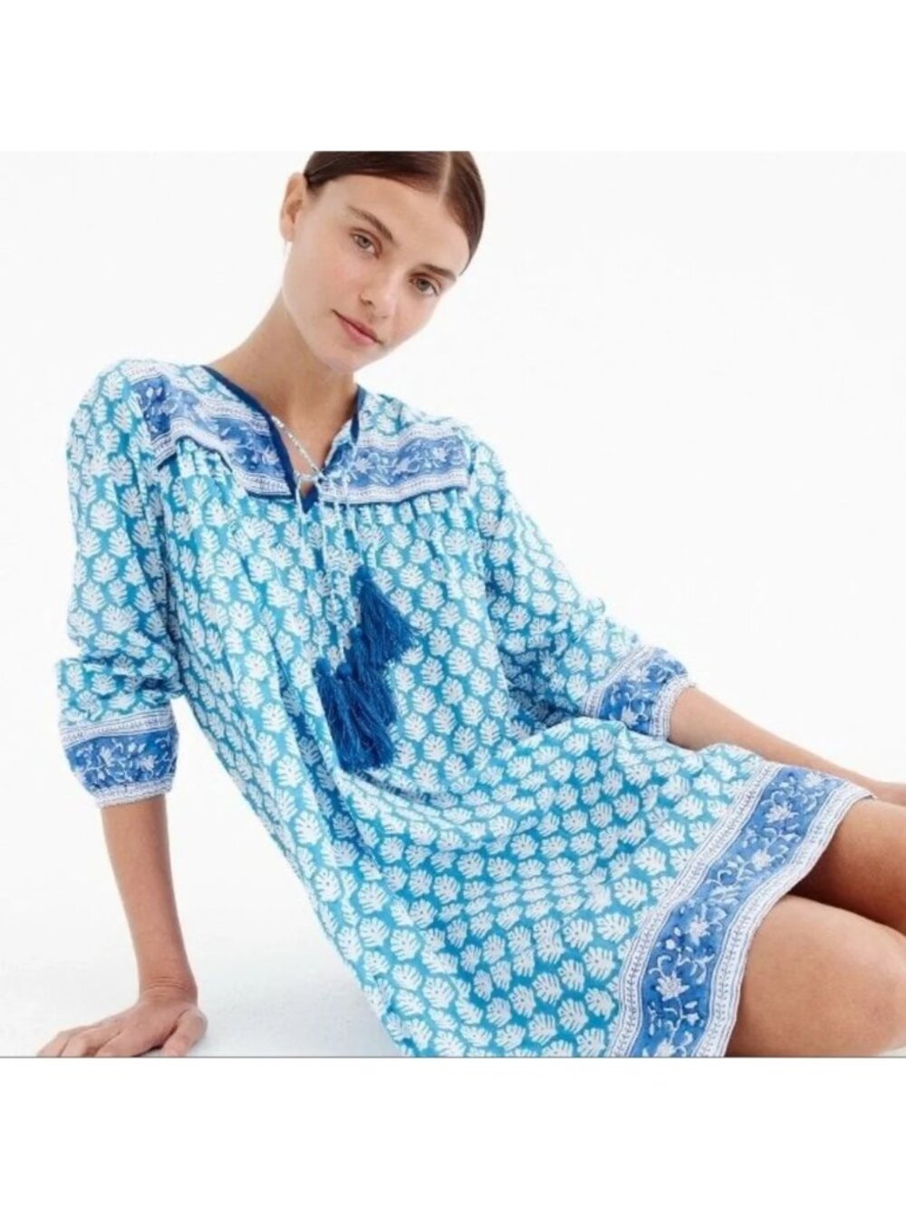 Tuckernuck SZ Blockprints for J.Crew Leyla Blue Floral Tassel Dress Womens Large